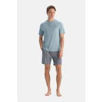 Dagi Light Blue Short Sleeve Half Placket T-Shirt And Shorts Set