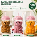 Store Ayıcıklı Cam Bardak 580 ml - Pipetli Kapaklı Borosilikat Içecek Bardağı - Soğuk Kahve Smoothie Limonata Su Için Sevimli Ayı Tasarım - Hediye Kupa Dekoratif Sunum - Pembe