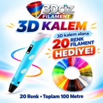 3D Kalem 3D Çiz Pen Yazıcı Kalem Mavi -  100 Metre Filament Hediyeli (20X5)