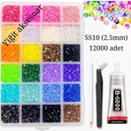 Yiğit Aksesuar Cımbız Yapıştırıcı ve Taş Kalemi 24 Renk 12.000 Adet Yapıştırma Taş SS10(2.5 Mm) Bedazzling Kit Seti