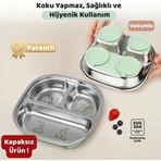 Guqqo Silikon Vakumlu Paslanmaz Çelik Mama Tabağı, 3 Derin Bölmeli Bebek Tabak, 304 Çelik, Kapaksız