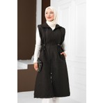 İmaj Butik Siyah Bel Lastikli Fermuarlı Uzun Kapitone Yelek