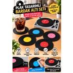 Ognami Plak Tasarımlı Bardak Altlığı 4 Lü Set Pikap Standlı Dekoratif Hediyelik Bardak Altlığı