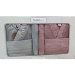 Özdilek Ditsy Aile Bornoz Seti %100 Pamuk Pembe - Gri Renkli Düz Desenli Unisex Kullanıma Uygun