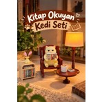 Printech3d Kitap Okuyan Kedi Biblo Lamba Seti - Retro Tasarım Dekoratif Gece Lambası + Mum Hediye