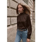 Sateen Uzun Kollu Bluz - Kahve