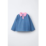 Magu Kız Çocuk Pamuklu Polo Yaka Mavi Çizgili Sweatshirt