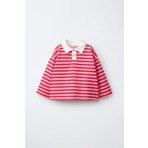 Magu Kız Çocuk Pamuklu Polo Yaka Pembe Çizgili Sweatshirt