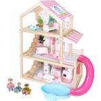 Toysilla Ahşap Bebek Evi - 3 Katlı, Full Eşyalı, Pembe Kaydıraklı ve Havuzlu Oyun Seti