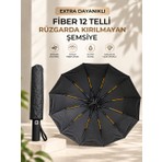 Bontec 12 Telli Çift Telli Fiber Şemsiye – Rüzgara Dayanıklı, Tam Otomatik, Su Itici Kumaşlı Büyük Boy Siyah Şemsiye (105 Cm)