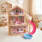 Toysilla Ahşap Bebek Evi - 3 Katlı, Full Eşyalı, Pembe Kaydıraklı ve Havuzlu Oyun Seti