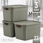Trend Maison Yeşil Dekoratif Saklama Kutusu 23 Litre 3 Parça Çok Amaçlı Düzenleyici ve Organizer