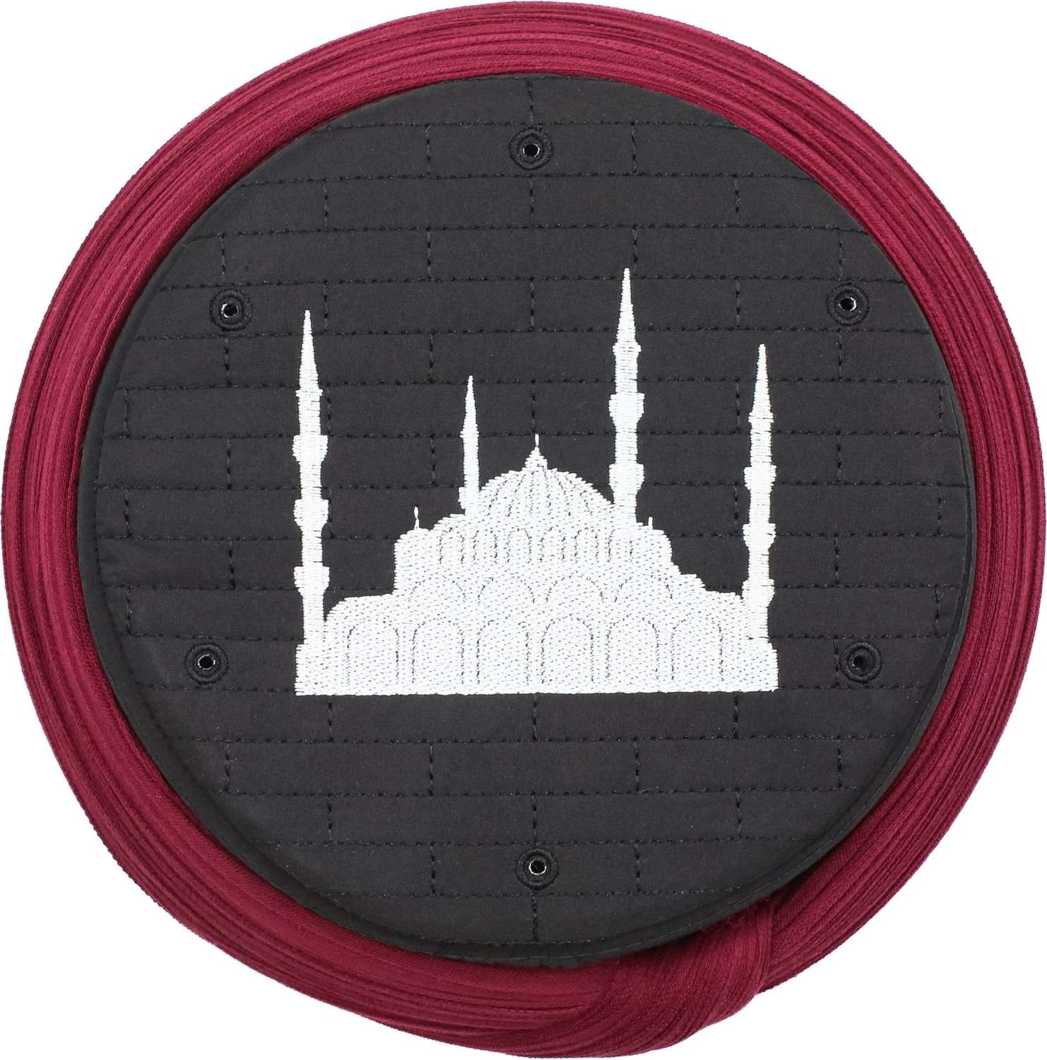 Sarıkhane Cami Sarığı, Bordo Kumaş, Siyah Takke, Yuvarlak Sarım, Cami Nakışlı, 5 Metre görsel 3