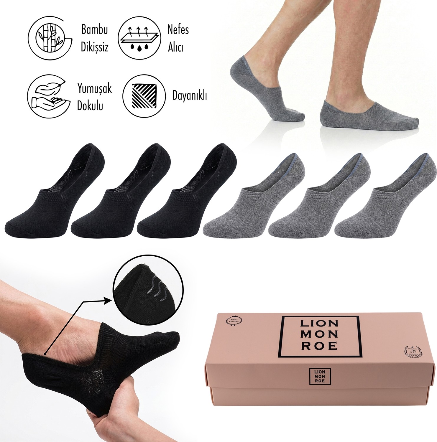 Lion Monroe Saf Bambu 4 Mevsim Kadın Babet Çorap Dikişsiz Görünmez Kaydırmaz Topuk Silikonlu Premium Hediye Kutulu 6'lı Prime Comfort S682AZNS görsel 7