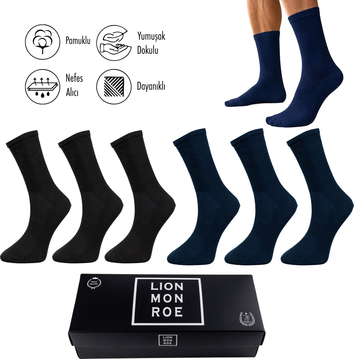 Lion Monroe Saf Pamkulu 4 Mevsim Erkek Soket Uzun Düz Tenis Çorap Dikişsiz Premium Hediye Kutulu 6'lı Prime Cotton Serisi F3180GXNS görsel 6