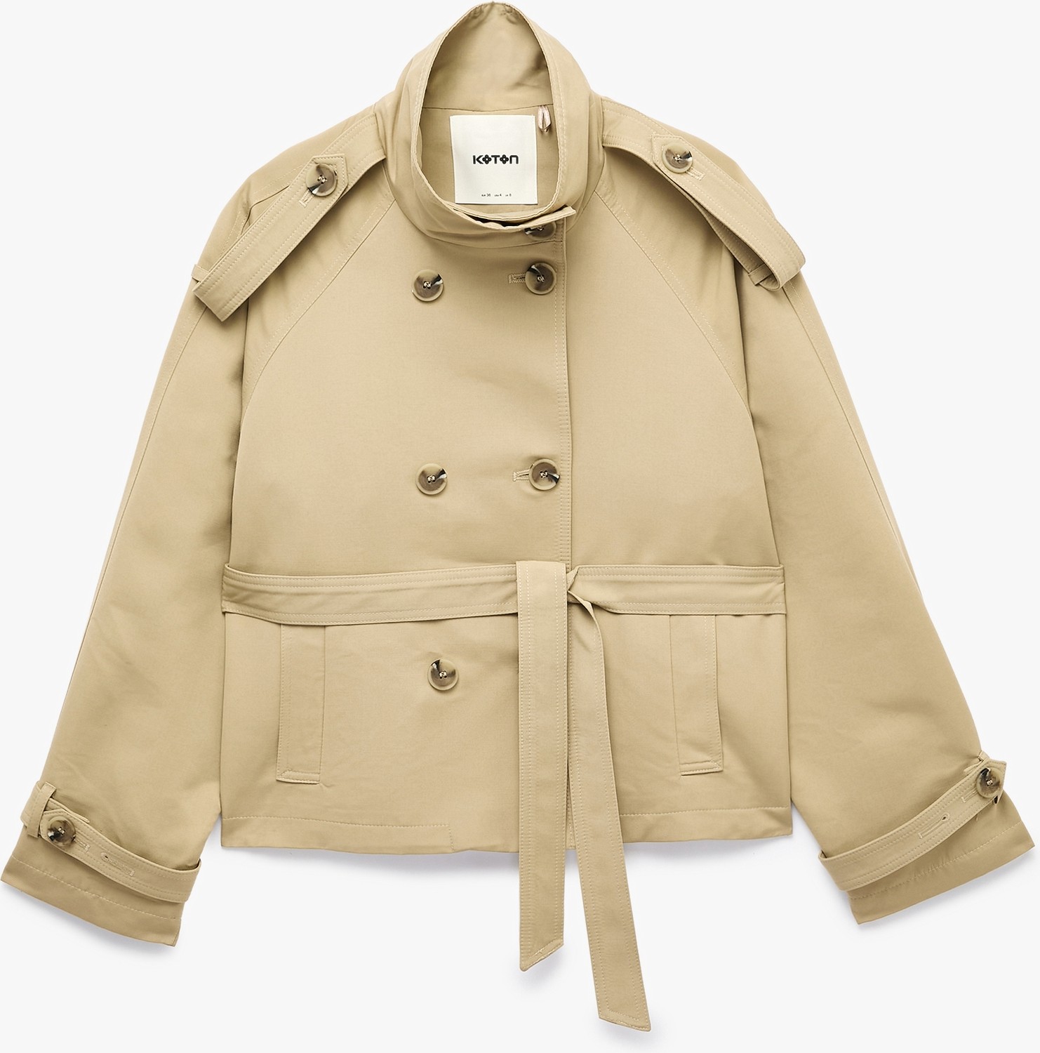 Koton Gabardin Kemerli Cepli Dik Yaka Reglan Kollu Kruvaze Trençkot
