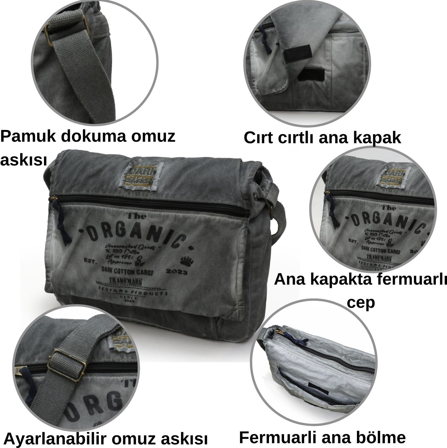 Dark Cotton 8128 Salaş Kanvas Omuz Postacı Koyu Kahverengi 15.6" Laptop Okul Seyahat Günlük Vintage Pamuk Çanta görsel 4