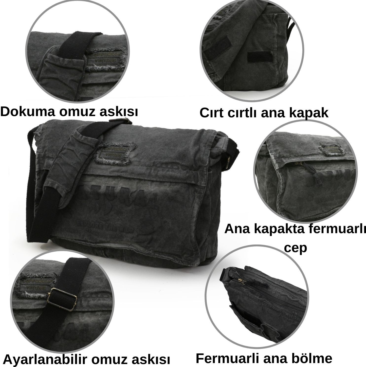 Cappadocia Vintage 4028 Siyah Salaş Omuz Çantası Pamuk Kanvas Postacı Laptop Okul Seyahat Günlük Vintage Retro görsel 4