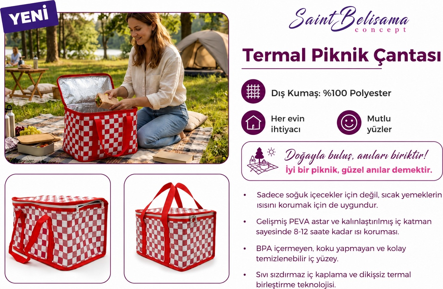 Saint Belisama Termo Lüks Piknik Çantası Kırmızı Ekoseli- Plaj Çantası - Termo Piknik Çantası 35 x 20 x 20 cm (20 Litre)