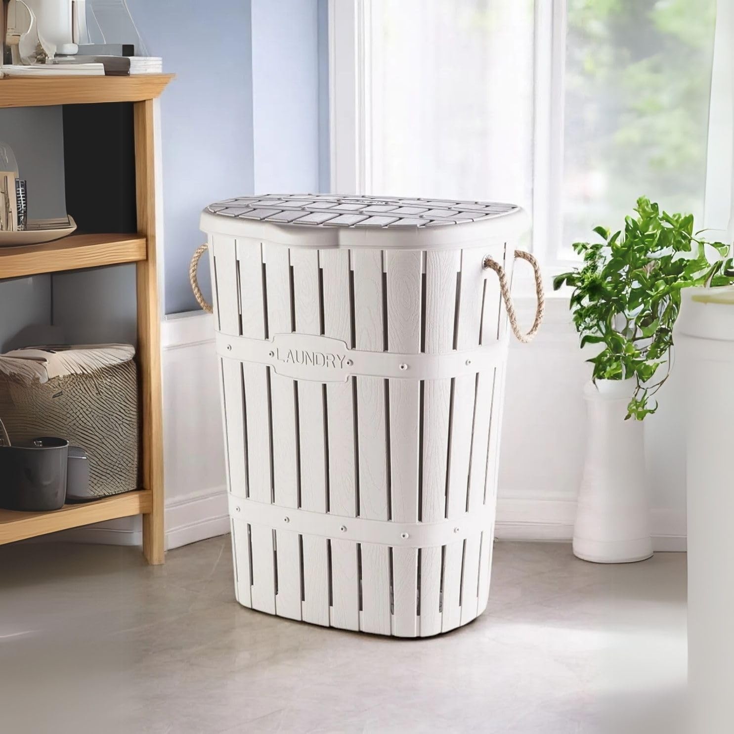 OEM Kastamonu Plastik Bambu Halatlı Kirli Çamaşır Sepeti 65 L-Beyaz görsel 2