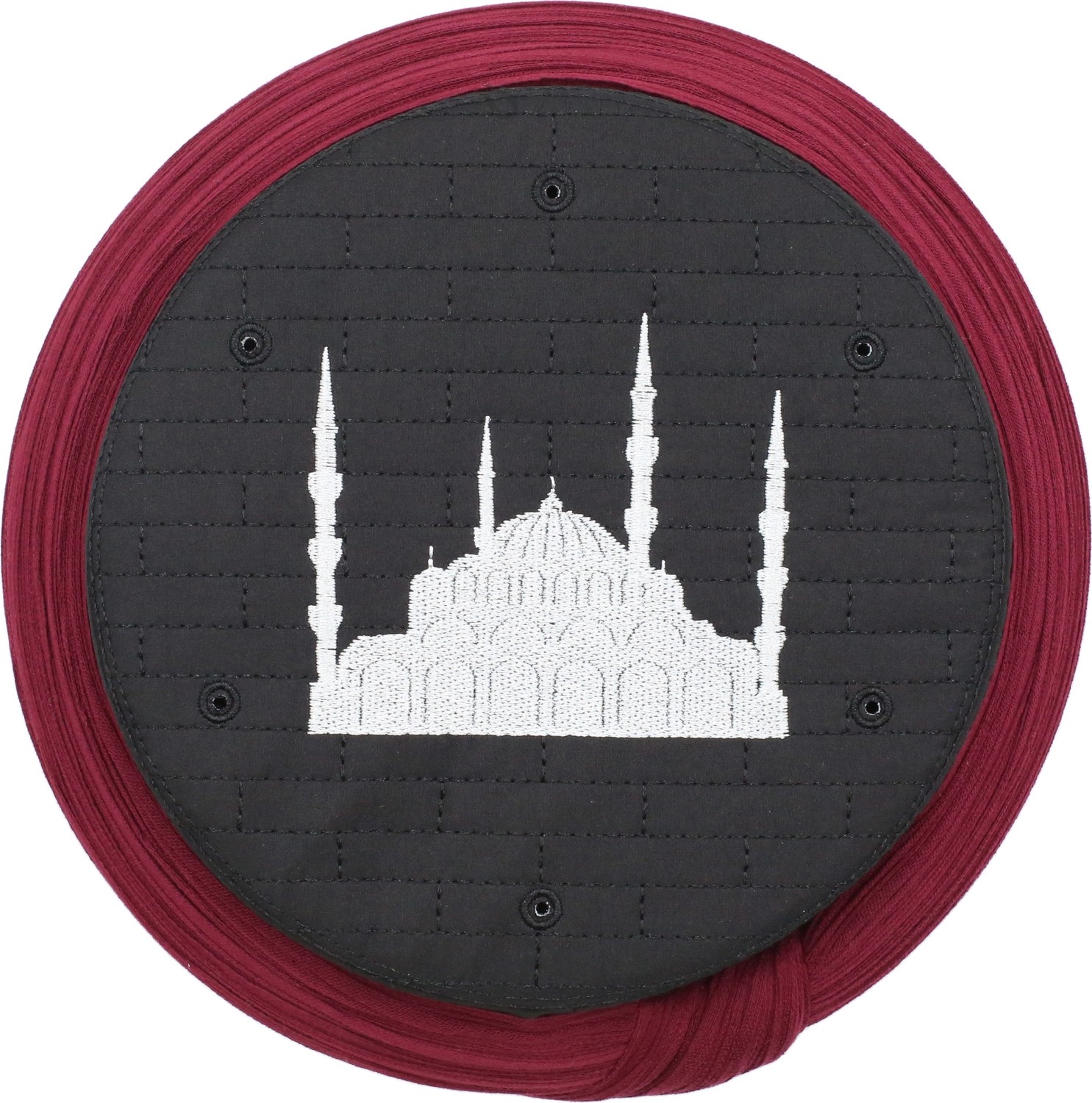 Sarıkhane Cami Sarığı, Bordo Kumaş, Siyah Takke, Düz Sarım, Cami Nakışlı, 5 Metre görsel 3