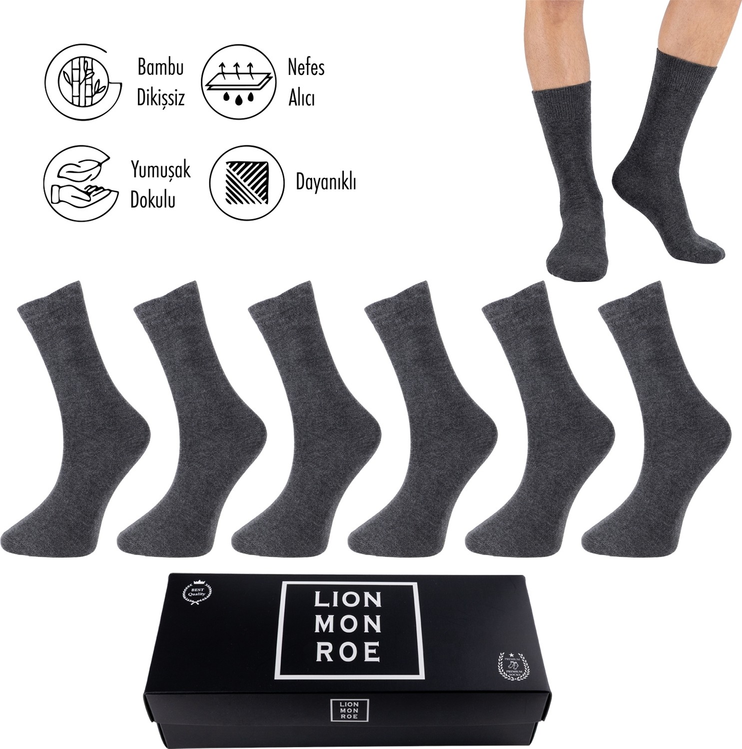 Lion Monroe Saf Bambu 4 Mevsim Erkek Soket Uzun Düz Siyah Çorap Dikişsiz Premium Hediye Kutulu 6'lı Prime Bamboo Serisi L5952AZNB