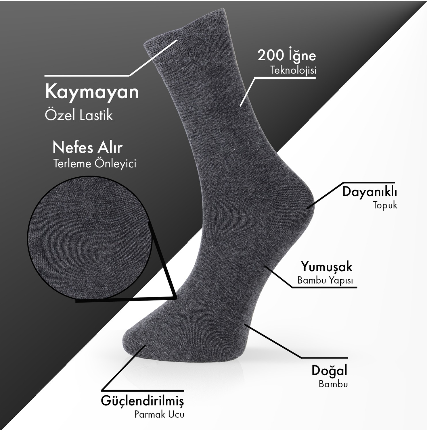 Lion Monroe Saf Bambu 4 Mevsim Erkek Soket Uzun Düz Siyah Çorap Dikişsiz Premium Hediye Kutulu 6'lı Prime Bamboo Serisi L5952AZNB görsel 2