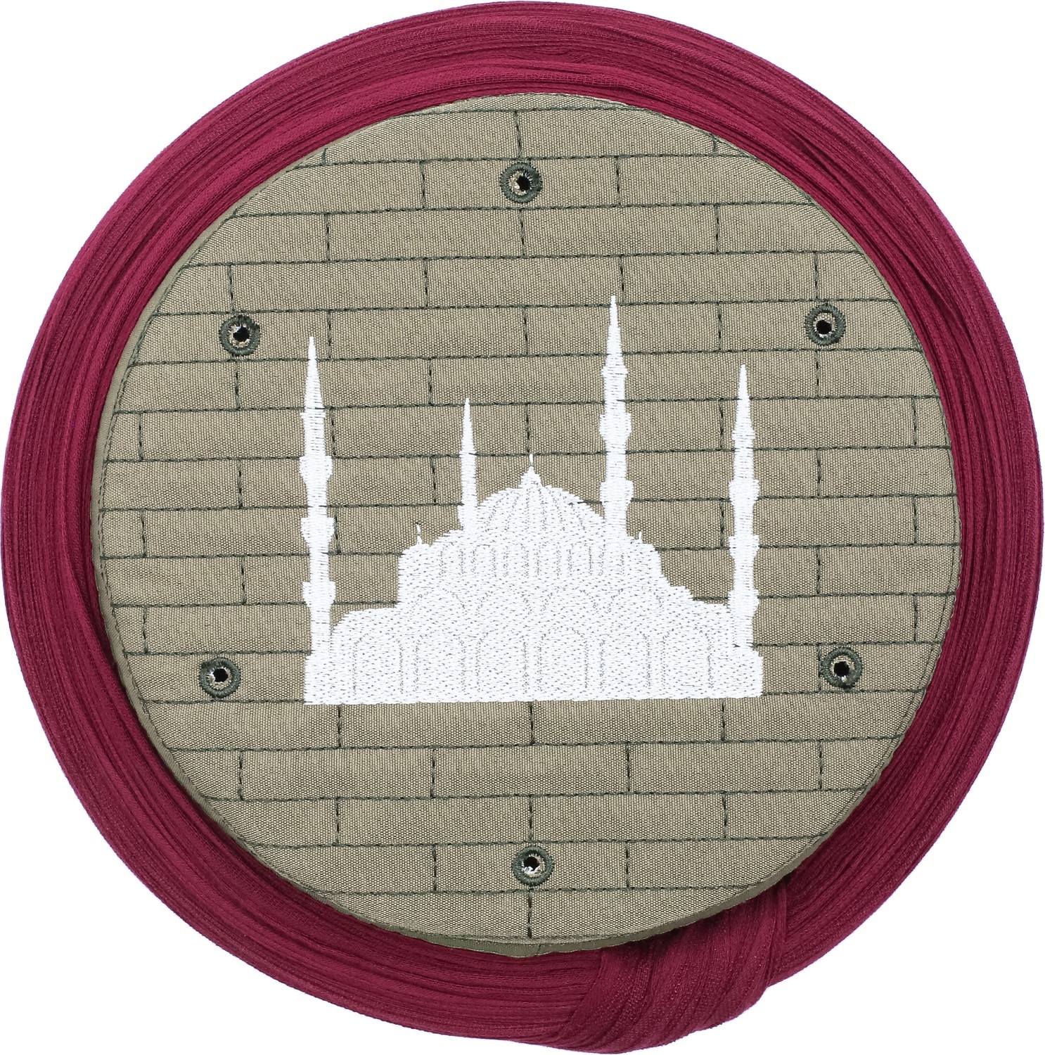 Sarıkhane Cami Sarığı, Bordo Kumaş, Yeşil Takke, Yuvarlak Sarım, Cami Nakışlı, 7 Metre görsel 2