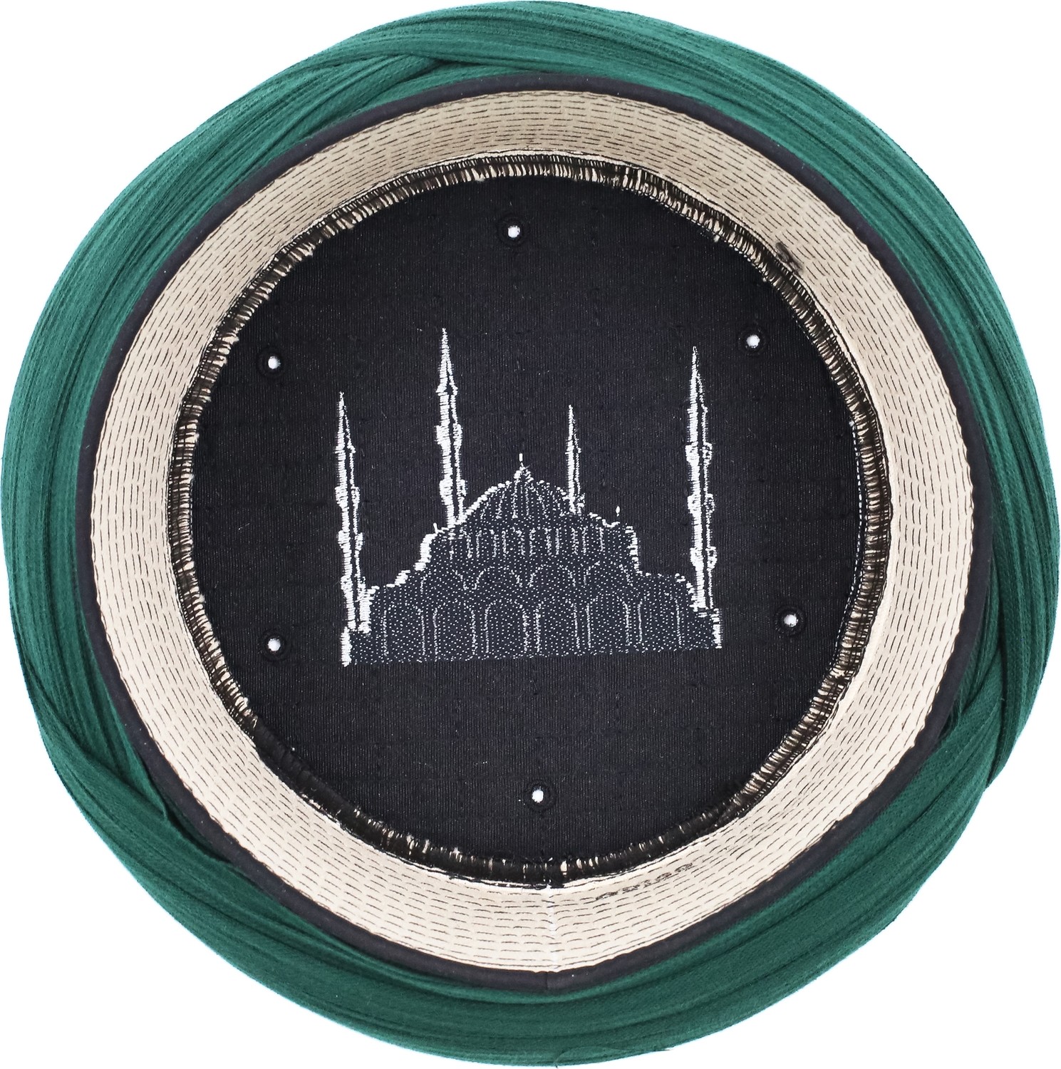 Sarıkhane Cami Sarığı - Yeşil Kumaş - Siyah Takke - Çapraz Sarım - Cami Nakışlı - 7 Metre görsel 5