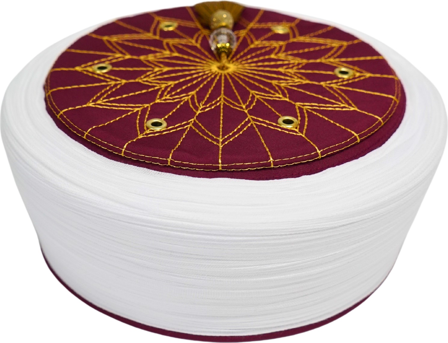 Sarıkhane Imam Sarığı-Beyaz Kumaş-Bordo Takke-Düz Sarım-Kuş Gözlü-7 Metre