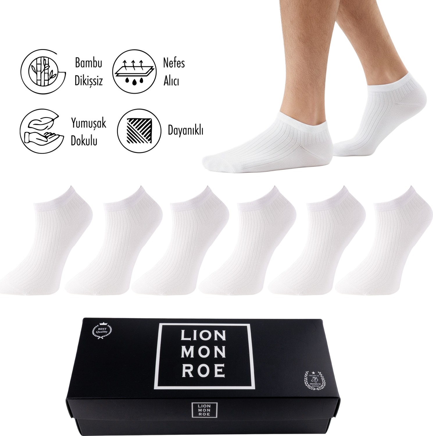 Lion Monroe Saf Bambu Erkek Asorti Patik Düz Kısa Çorap Dikişsiz Premium Kutulu 6'lı L5952AZNP Softaura