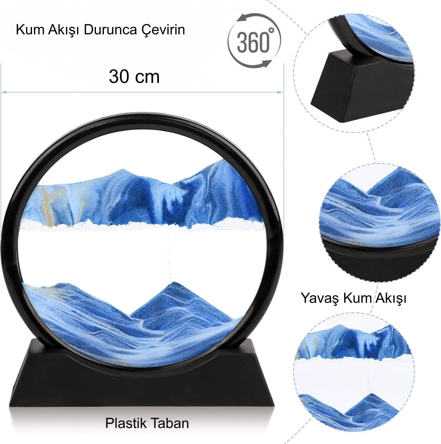 Özkaya Store Hareketli 3D Kum Saati 30CM Büyük Boy Mavi Yuvarlak 12INCH Cam Dekoratif Sanatsal Rahatlatıcı görsel 4