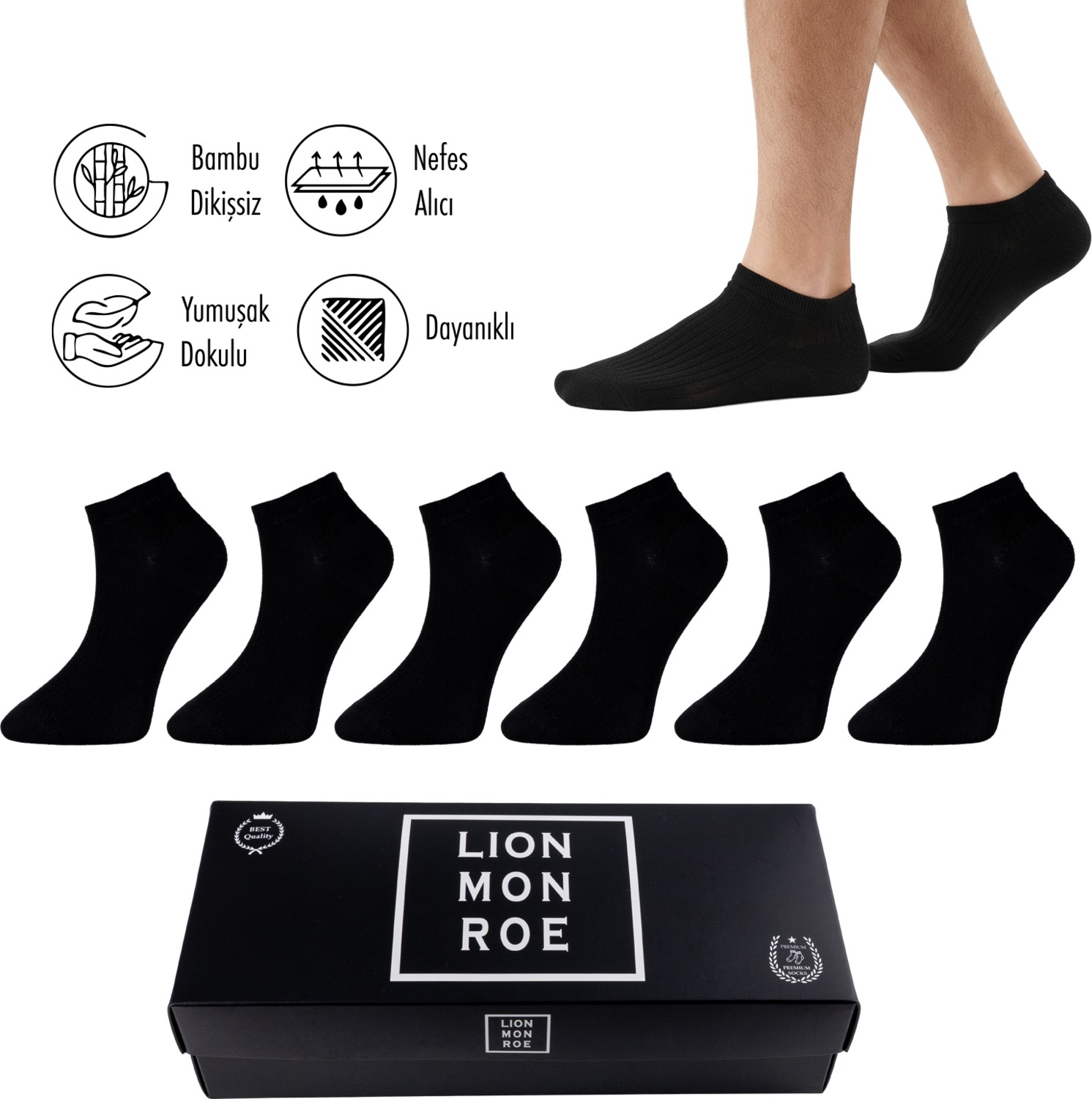 Lion Monroe Saf Bambu Erkek Patik Düz Kısa SiyahÇorap Dikişsiz Premium Kutulu 6'lı L5952AZNP SoftAura
