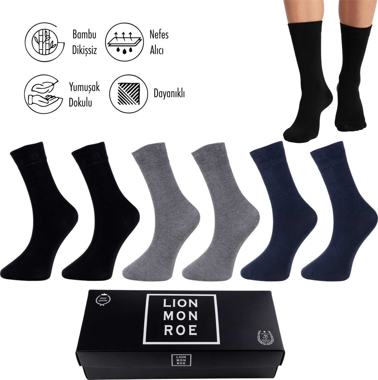 Lion Monroe Saf Bambu Yazlık Erkek Soket Uzun Düz Çorap Dikişsiz Premium Kutulu 6'lı Hediyeli görsel 5