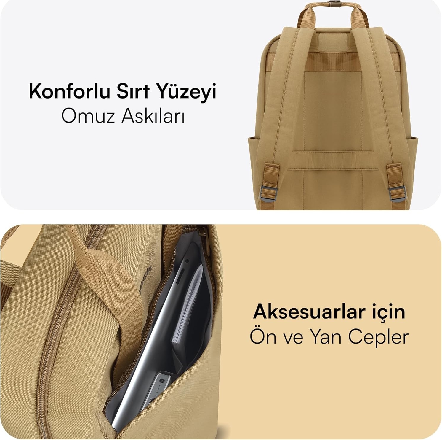 Happy Trend Mack MCE-1523 Nova Eco Çevre Dostu Laptop Sırt Çantası 15.6 Inç, Ykk Fermuarlı Bilgisayar Sırt Çantası, Kadın ve Erkek Günlük Çanta, Okul ve Iş Çantası, Camel görsel 3