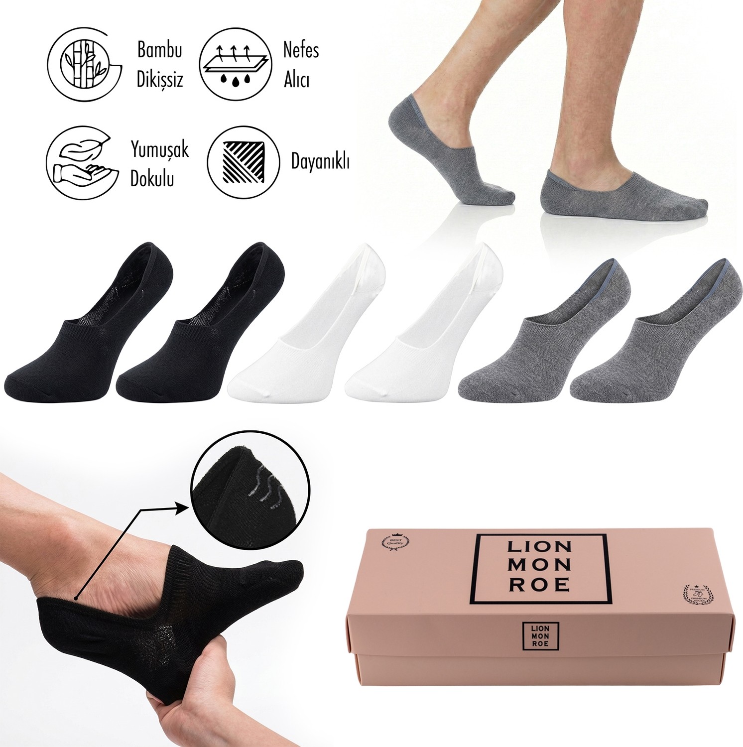 Lion Monroe Saf Bambu 4 Mevsim Kadın Babet Çorap Dikişsiz Görünmez Kaydırmaz Topuk Silikonlu Premium Hediye Kutulu 6'lı Prime Comfort S682AZNS