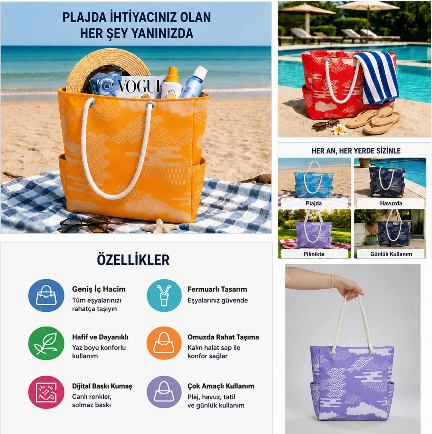 Kale Termos Büyük Boy Naz Plaj Çantası ,kadın Dijital Baskılı Fermuarlı Deniz Çantası görsel 5