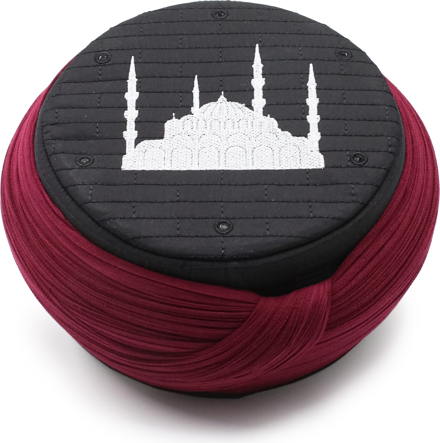 Sarıkhane Cami Sarığı, Bordo Kumaş, Siyah Takke, Yuvarlak Sarım, Cami Nakışlı, 5 Metre