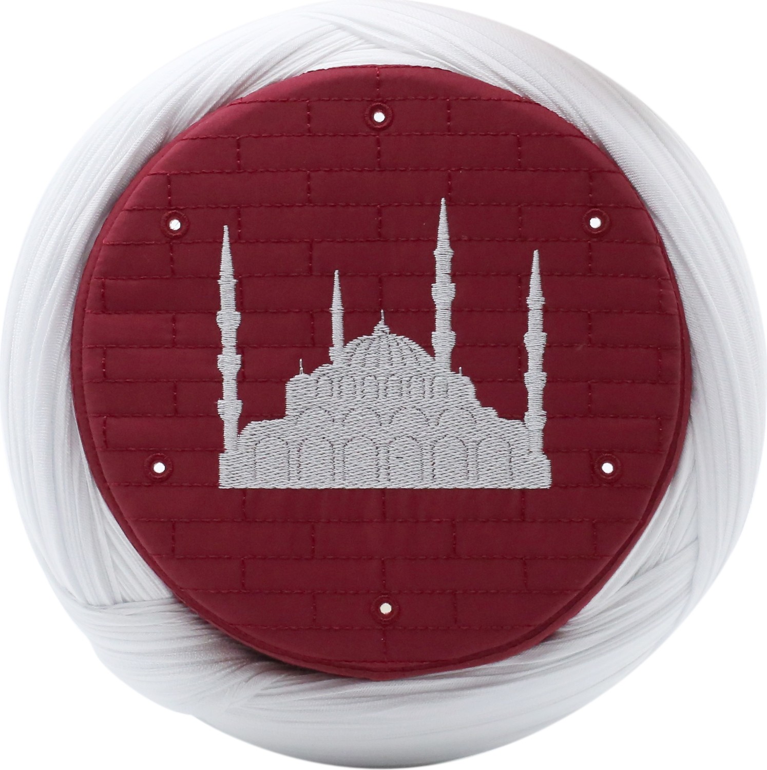 Sarıkhane Cami Sarığı, Beyaz Kumaş, Bordo Takke, Çapraz Sarım, Cami Nakışlı, 7 Metre görsel 2