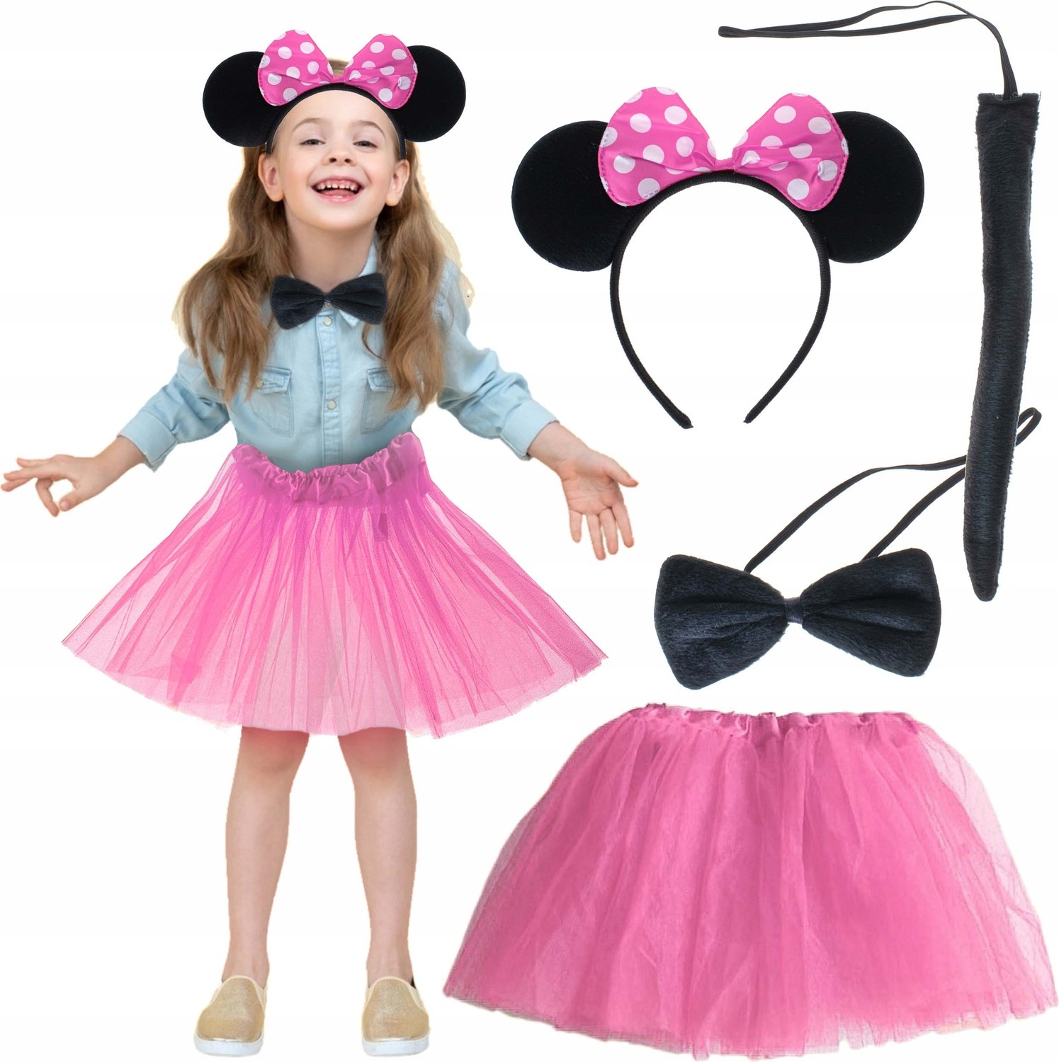 Die Grup Minnie Kostüm Seti (Pembe Tütü Etek + Pembe Taç + Papyon + Kuyruk)
