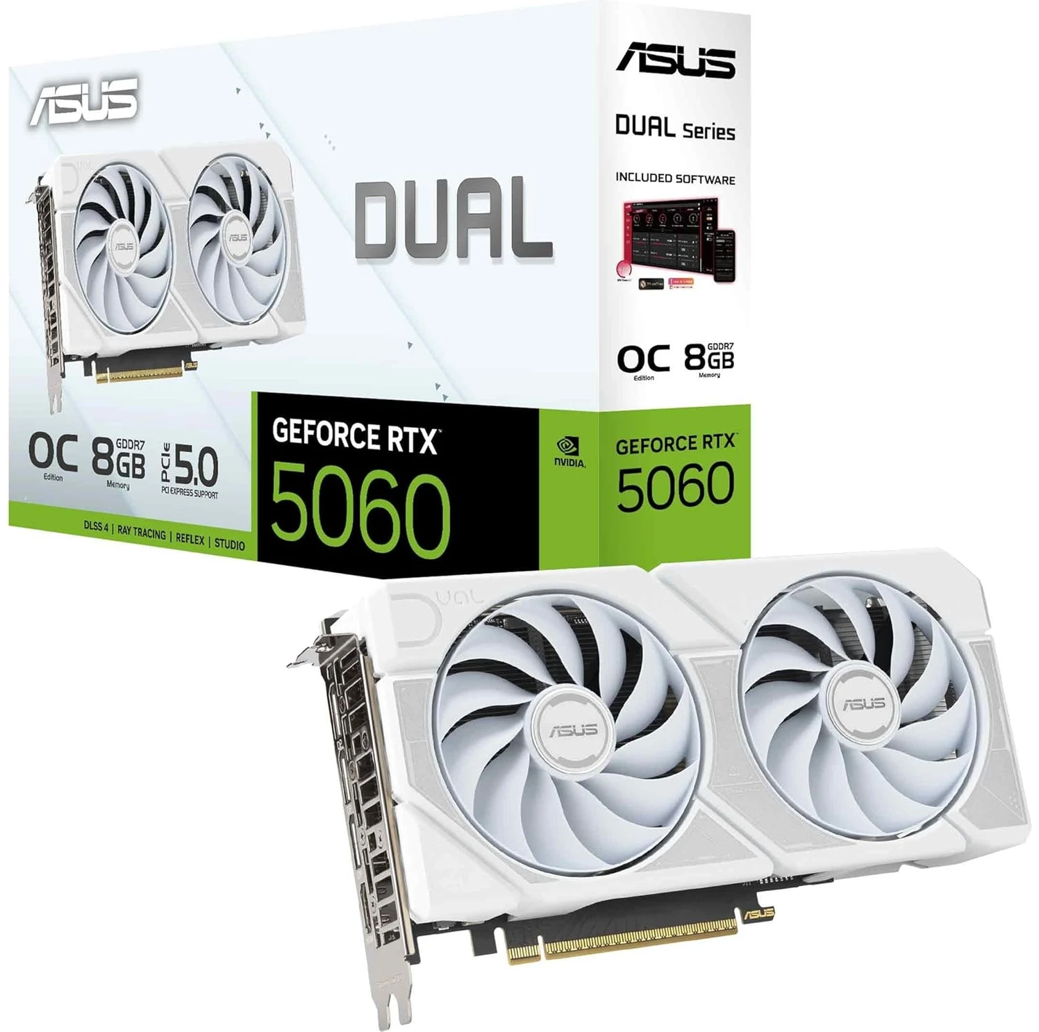 Resim DUAL-RTX5060-O8G-WHITE-NVIDIA-GEFORCE-RTX 5060-8GB GDDR7-128BIT-OC-HDMI-3XDP-DLSS3 Ekran Kartı 