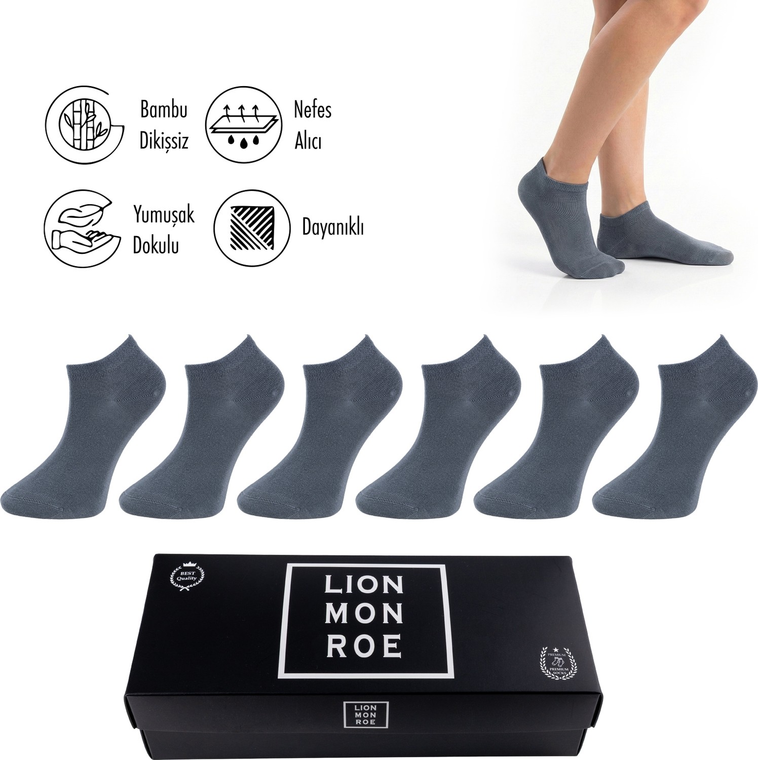 Lion Monroe Saf Bambu Erkek Patik Düz Siyah-Antrasit Çorap Dikişsiz Premium Hediye Kutulu 6'lı PRİME BAMBOO Serisi L5952AZNB