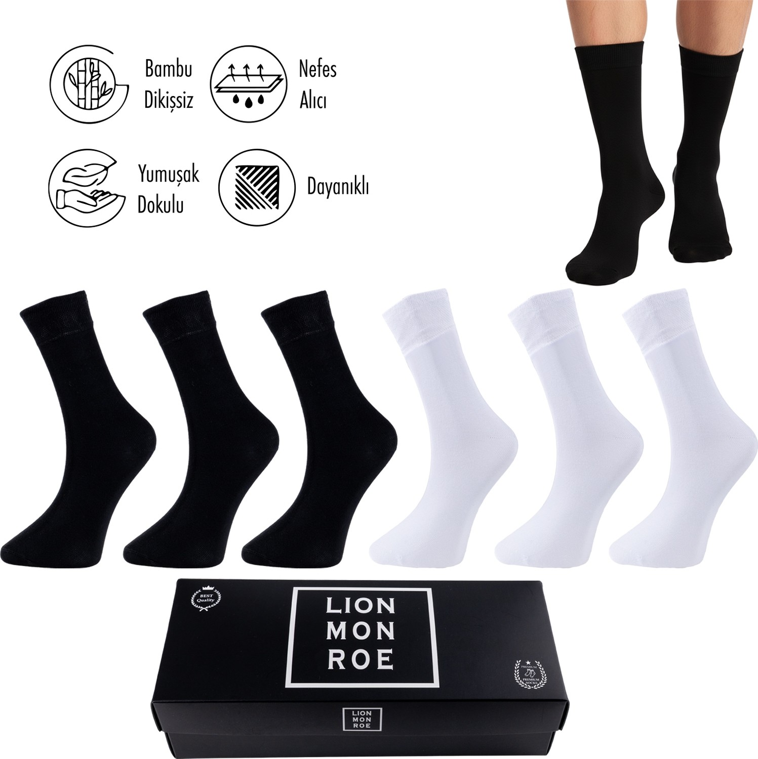 Lion Monroe Saf Bambu Yazlık Erkek Soket Uzun Düz Çorap Dikişsiz Premium Kutulu 6'lı Hediyeli