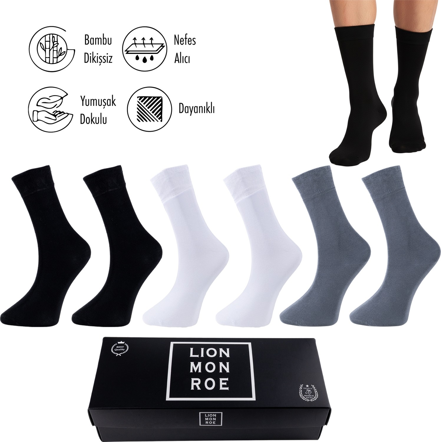 Lion Monroe Saf Bambu Yazlık Erkek Soket Uzun Düz Çorap Dikişsiz Premium Kutulu 6'lı Hediyeli görsel 5