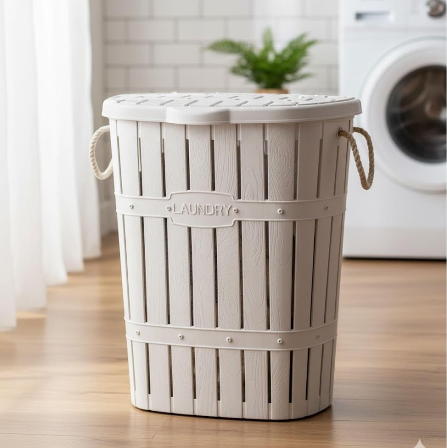 OEM Kastamonu Plastik Bambu Halatlı Kirli Çamaşır Sepeti 65 L-Beyaz görsel 5