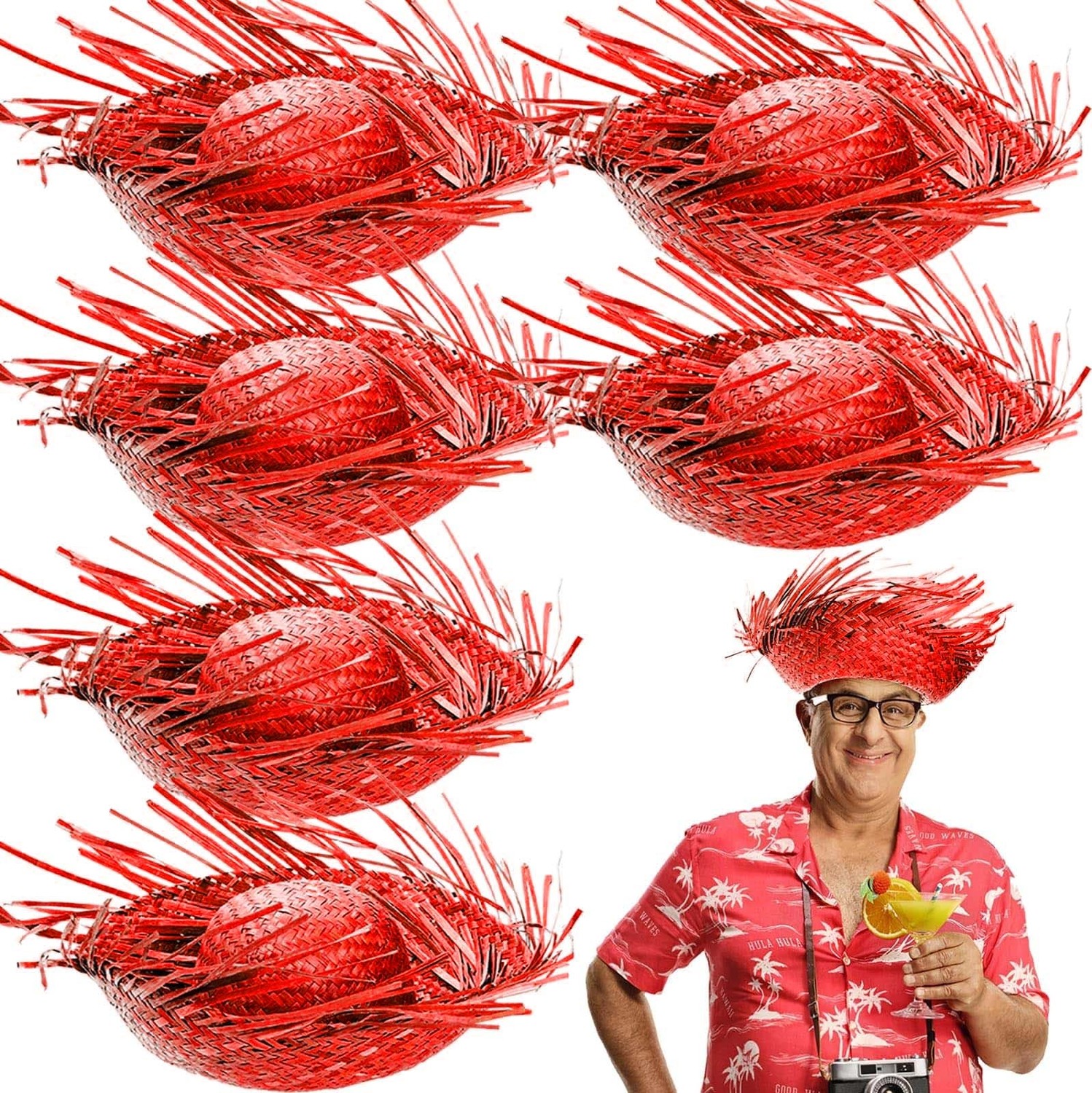 TeknoKapsül Tropikal Parti Kırmızı Hasır Hawaii Şapkası 13X36 cm görsel 2