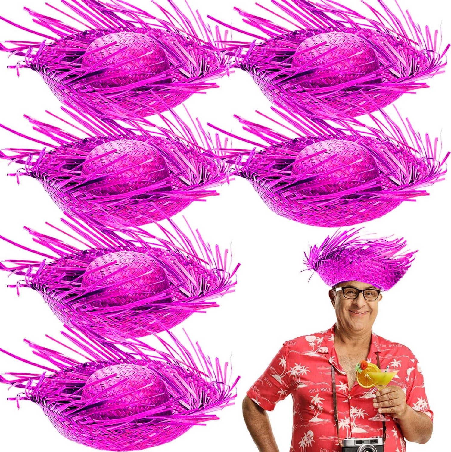 TeknoKapsül Tropikal Parti Pembe Fuşya Hasır Hawaii Şapkası 13X36 cm görsel 2