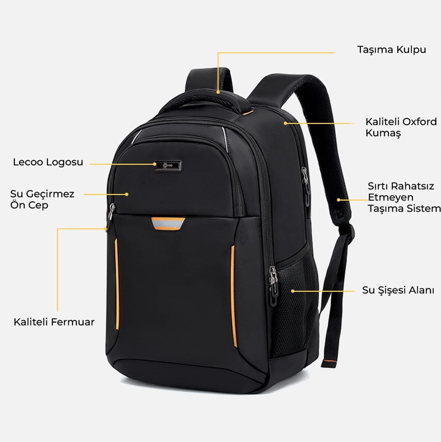 Happy Trend Lecoo BG03 17 Inç Laptop Bölmeli Çok Fonksiyonlu 3 Katmanlı Suya Dayanıklı Sırt Çantası Siyah görsel 2
