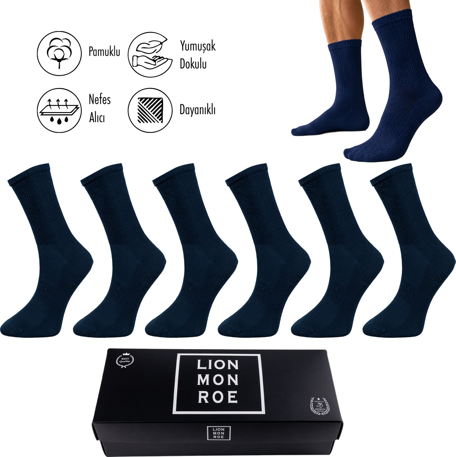Lion Monroe Saf Pamkulu 4 Mevsim Erkek Soket Uzun Düz Tenis Çorap Dikişsiz Premium Hediye Kutulu 6'lı Prime Cotton Serisi F3180GXNS