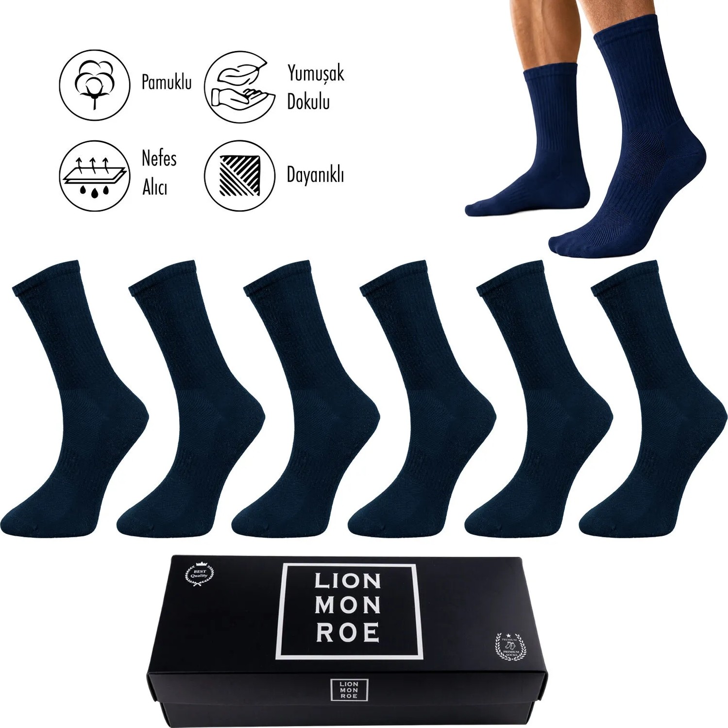 Lion Monroe Saf Pamuklu Erkek TENİS Uzun Düz Beyaz Soket Çorap Dikişsiz Basic Penye Premium Hediye Kutulu 6'lı Prime Cotton Serisi L5952BZNS